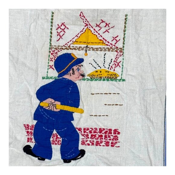 Vintage Embroidered Kitchen Towels Blue White Policeman Pie Set 2 Farmhouse READ - Picture 2 of 6